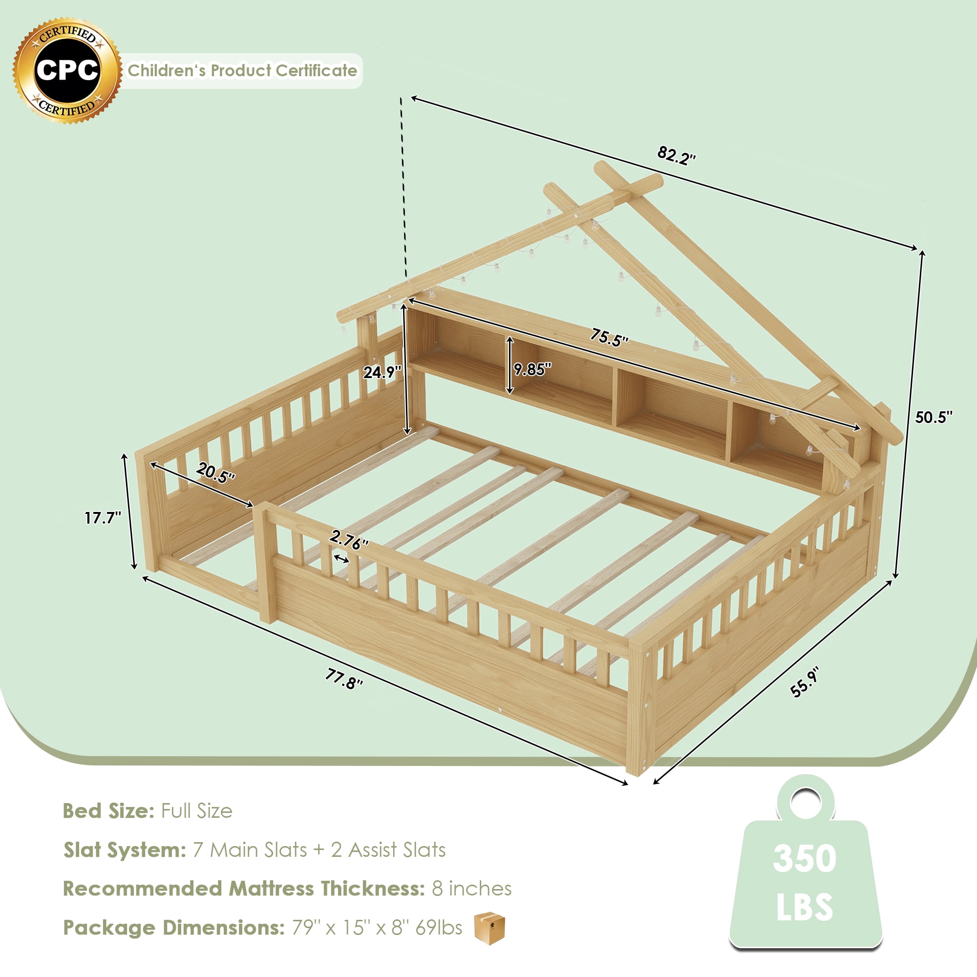 Mirightone Full Size Montessori Floor Bed with LED Light, Storage Bookcase & Safety Rail, Solid Pine Wood  House Floor Bed, No Box Spring Needed (Natural)