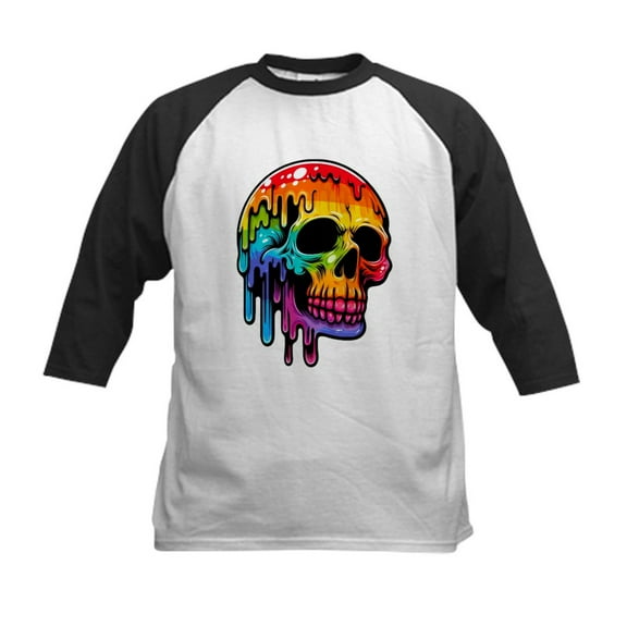 CafePress - Vibrant Multicolor Skull Kids Baseball T Shirt - Kids Cotton Baseball Jersey, 3/4 Sleeve Shirt