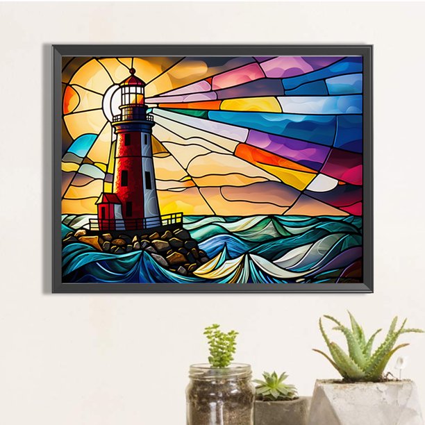 Cuadros Decorativos Pintura de diamante 5D DIY Taladro redondo completo Vidrieras Faro Decoración (sz4329) DQrwqpou embutido en tela