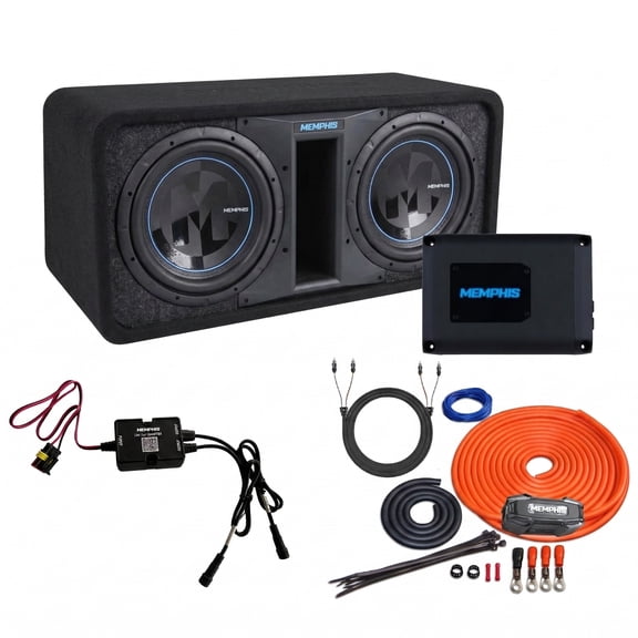Memphis Audio PRXE12DFT Dual 12" LED Loaded Subwoofer Box   PRX800.1V2 800W Mono Amp Bundle w/ 4 Gauge Wiring Kit & LED Controller