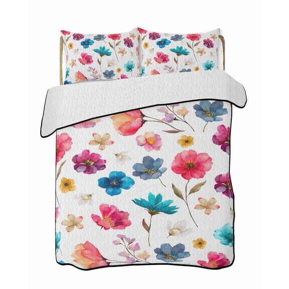 Quilts Twin Size Bedding Set, Colorful Flowers Lightweight Quilted Comforter, Spring Watercolor Floral Plant Soft Reversible Bedspread Coverlet with Pillow Covers for All Season, 68" x 86"