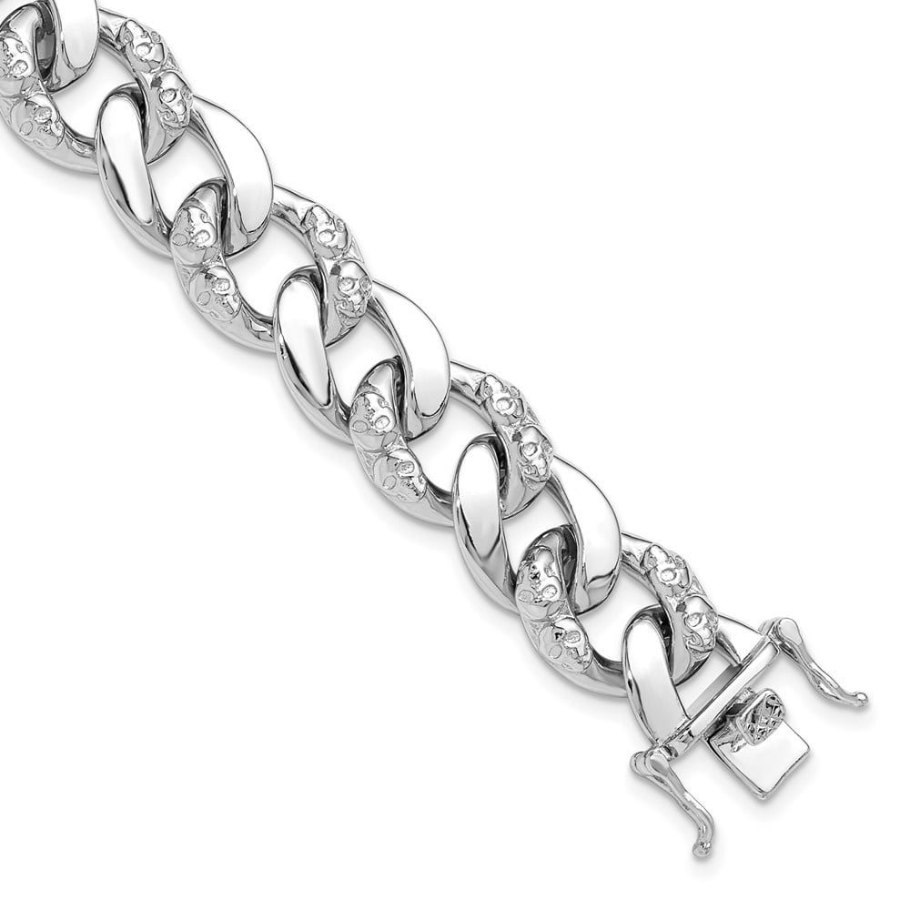 Diamond2Deal 925 Sterling Silver Rhodium-plated 12mm Skull Curb Link Bracelet for Men 8.25"