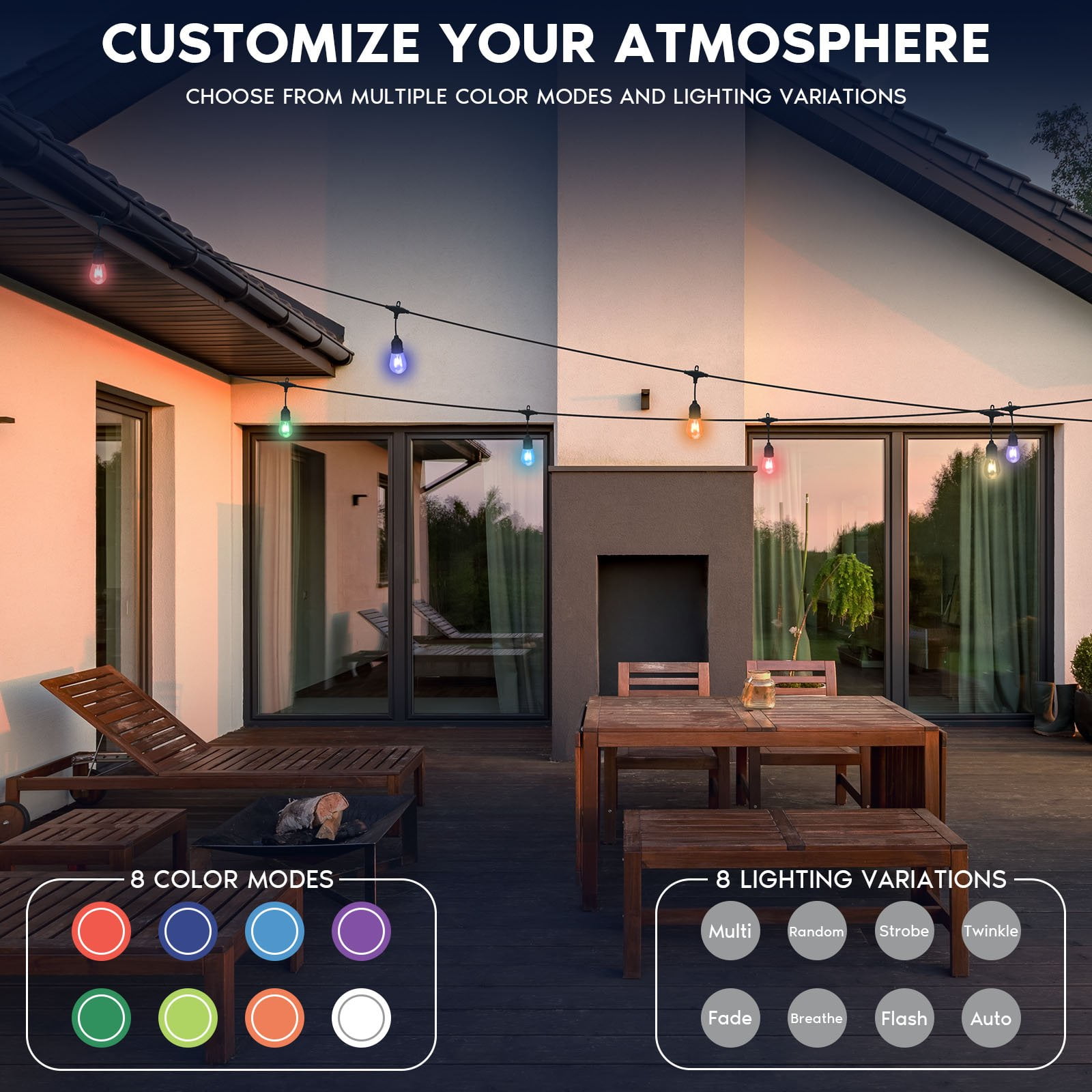 Luxrite 48FT LED RGBW Outdoor String Lights, Remote Control Color Changing Cafe Lights, Commercial Grade Waterproof, 24 Edison S14 Shatterproof Bulbs, IP65, Dimmable Outside Hanging Lights for Patio