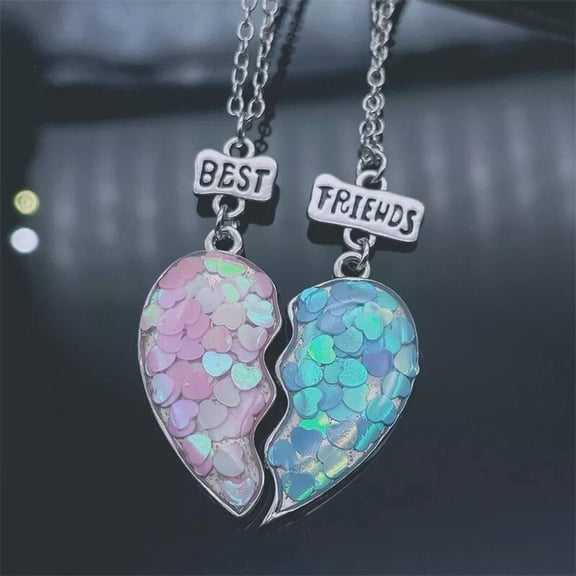 HOOUN 2 Pc Broken Heart Best Friend Colourful Pink Blue Friendship Necklace Chain Gift