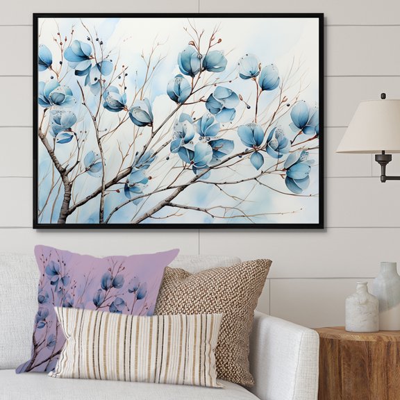 Designart "Blue And Grey Leaves In A Blossoming Scene I" Leaves Floater Framed Canvas Wall Art