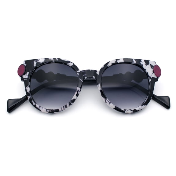 Womens Ornate Fancy Thick Mod Plastic Round Horn Fashion Sunglasses White Marble - Smoke