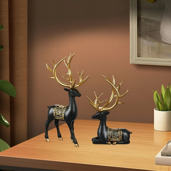 LAMIRO 2 Pieces Reindeer Sculpture Elk Resin Statue Collection Deer Figurine Animal Figure for Cabinet Tabletop Wedding Housewarming Black