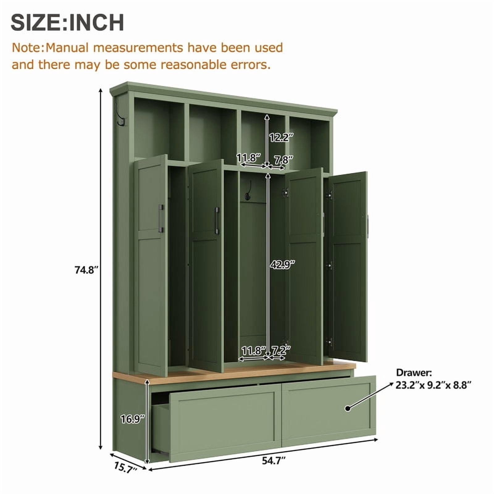 Farmhouse Hall Tree w/ 4 Cabinets w/ Door, Mudroom Coat Rack w/ Open Shelves, Entryway Storage Shoe Bench w/ 2 Drawers & 6 Hooks