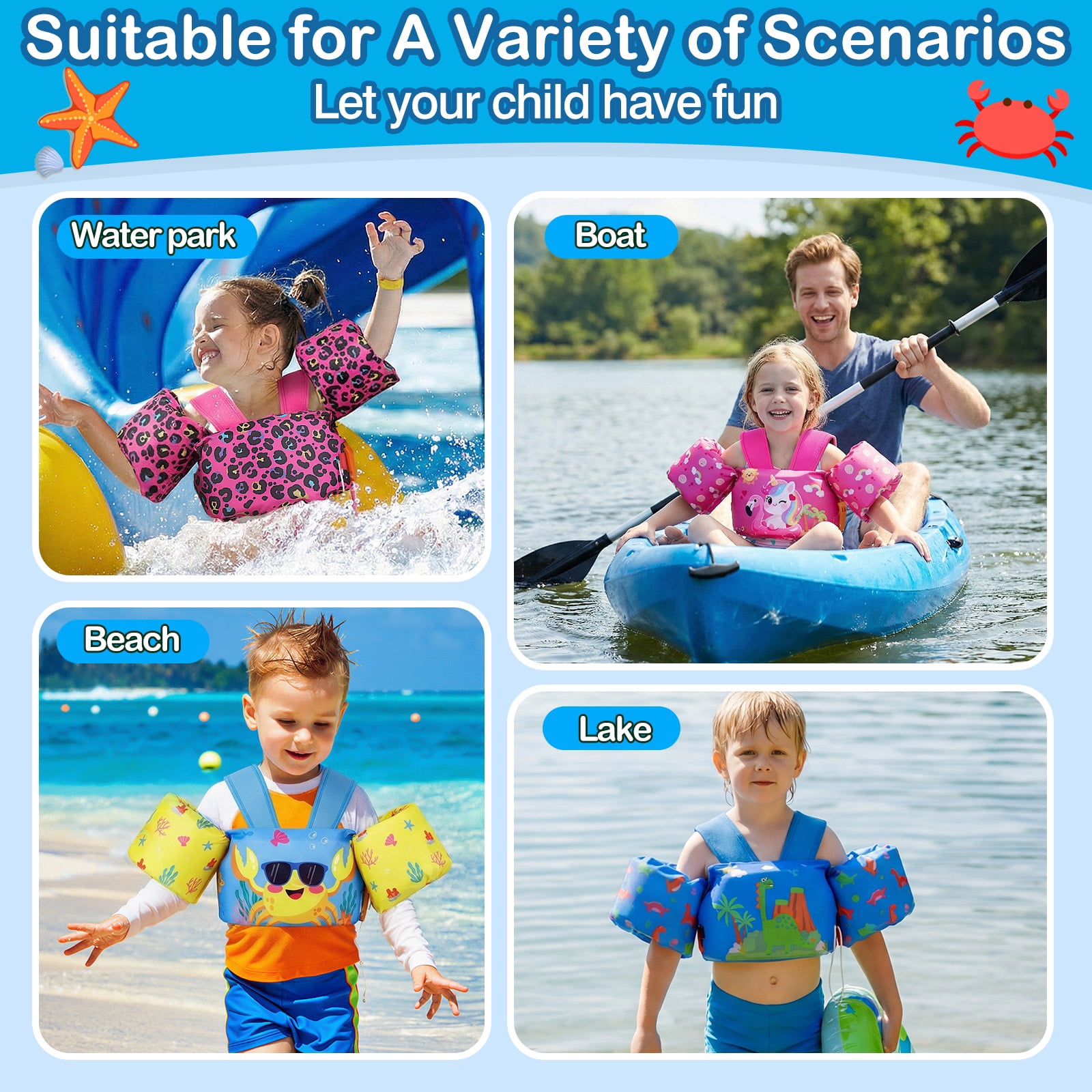 MoKo Kids Swim Vest with Armbands, Toddler Floaties 20-50 lbs, 2-7 Years Girls Boy, Deep Pink Unicorn