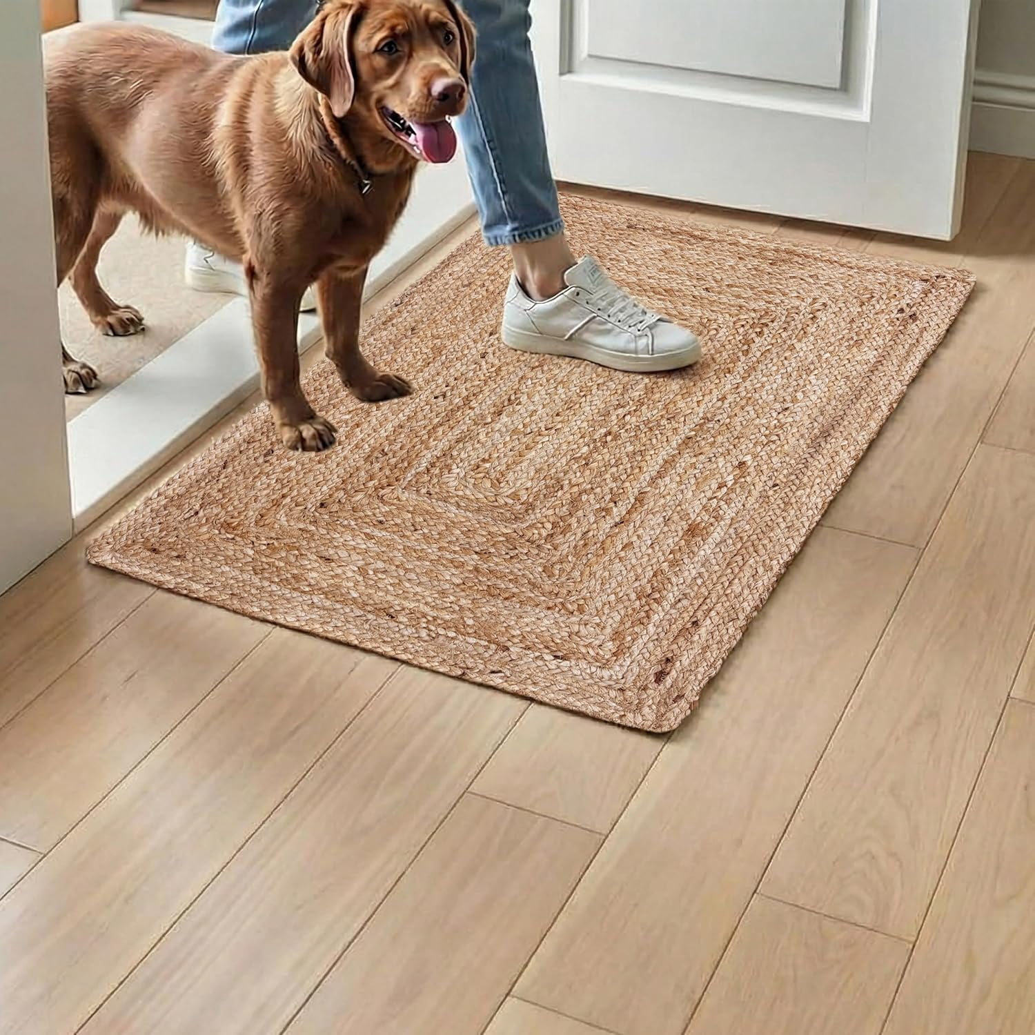 Hand Woven Jute Braided Rug, 2'x3' – Natural, Reversible Boho Entry Area Rugs for Kitchen, Living Room I Farmhouse Indoor Outdoor Decorative Floor Rug, 24x36 Inches