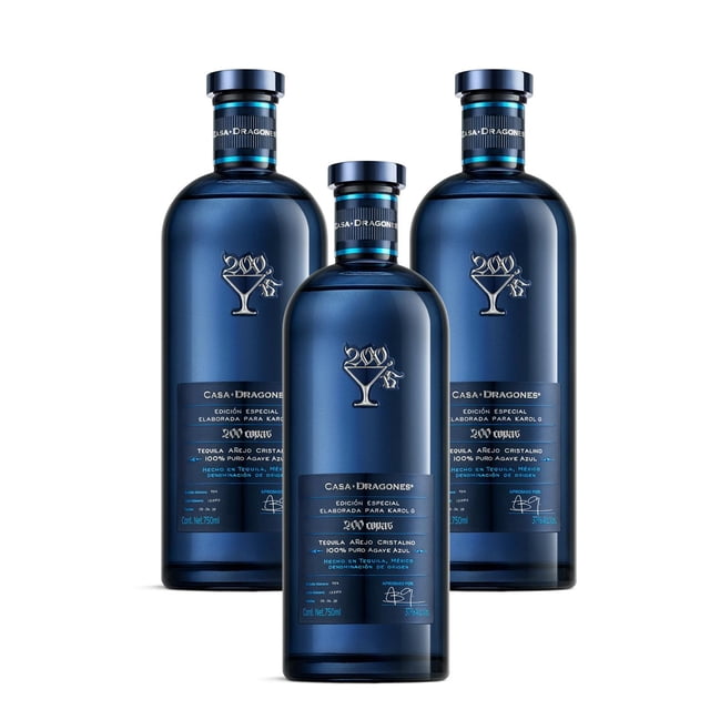 Paquete de 3 Tequila Casa Dragones Añejo Cristalino 200 Copas Karol G 750 ml