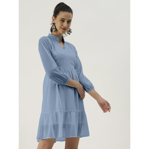 DressBerry Women’s Solid Poly Georgette Mandarin Collar Long Balloon Sleeves Light Weighted Tiered Hem Above Knee Length Casual Summerwear Beachwear Partywear All Purpose One Piece Dress