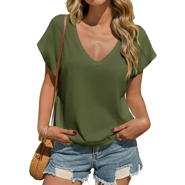 Camiseta Tankaneo para mujer, cuello en V profundo, holgada, de verano, color verde militar
