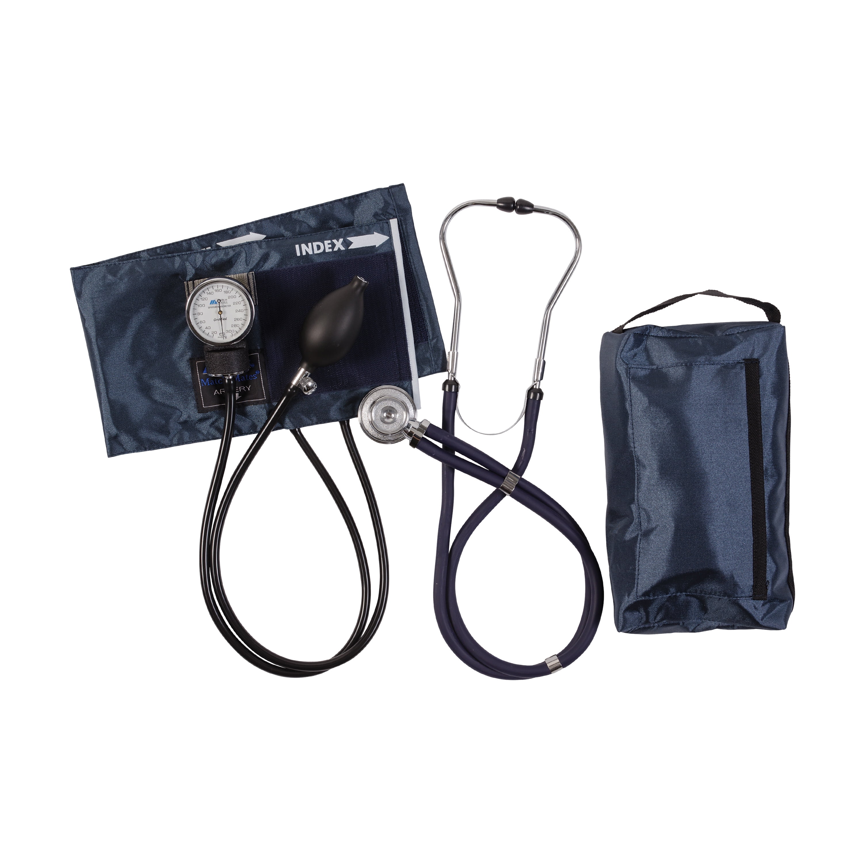 MABIS MatchMates Aneroid Sphygmomanometer and 31" Sprague Rappaport Stethoscope Combination Manual Blood Pressure Kit with Calibrated Nylon Cuff and Oversized Carrying Case, Adult Navy Blue