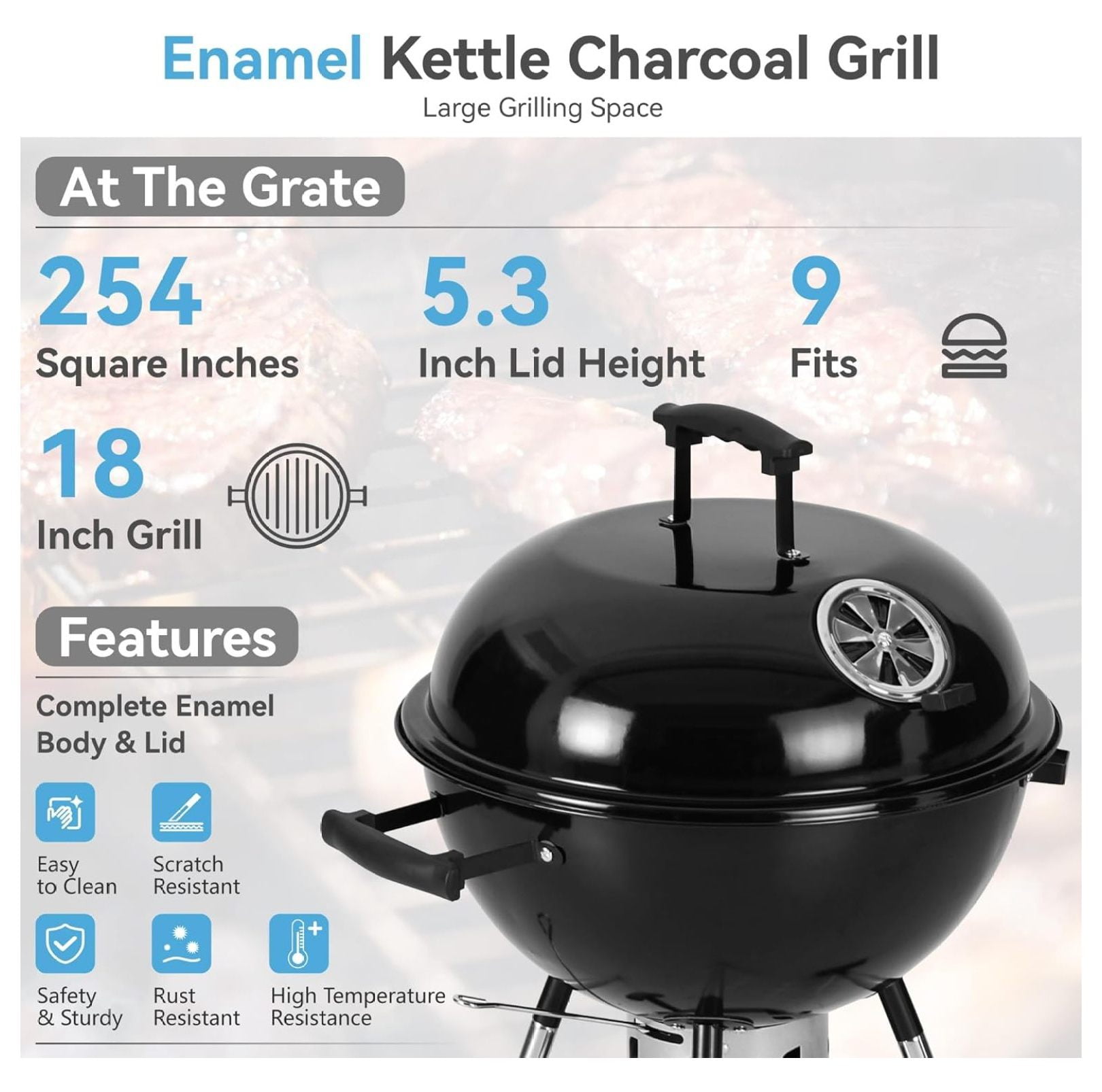 18 inch Kettle Charcoal BBQ Grill with Wheels, Portable Charcoal Grill with Porcelain-Enameled Lid & Catcher for Outdoor Cooking Barbecue Camping Picnics Tailgating