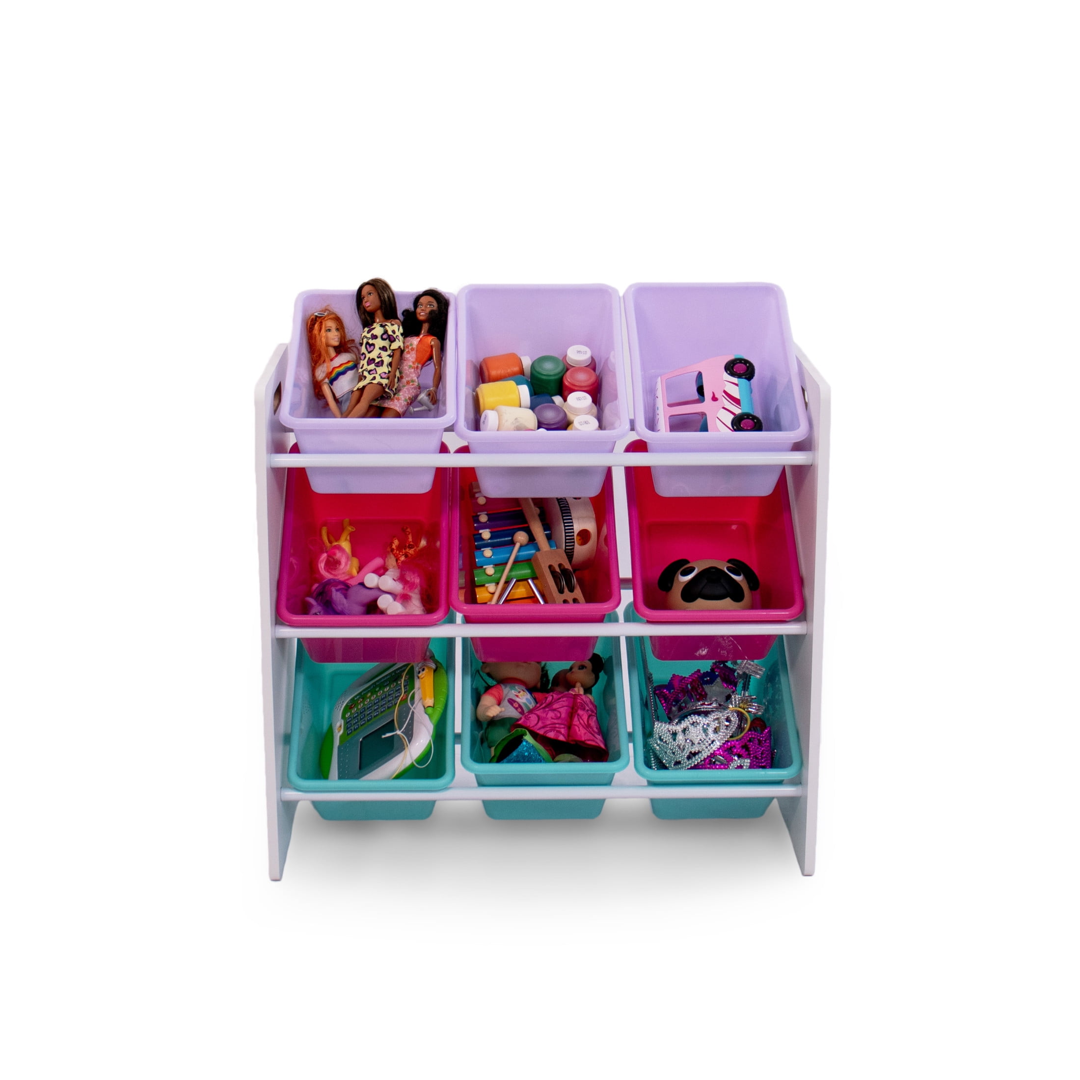 Humble Crew Forever Toy Storage Organizer with 9 Plastic Storage Bins, White/Pink/Purple/Turquoise