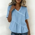 thumbnail image 6 of Paiwinds Women's V-Neck Linen Top Short Sleeve Button Detail Solid Color Casual Blouse with Ruffle Hem for Spring Summer, 6 of 9