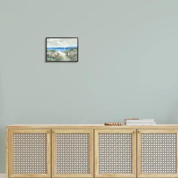 Stupell Industries Tranquil Beachside Flower Meadow Ocean Sailboats Scene Painting Black Framed Art Print Wall Art, Design by Nan