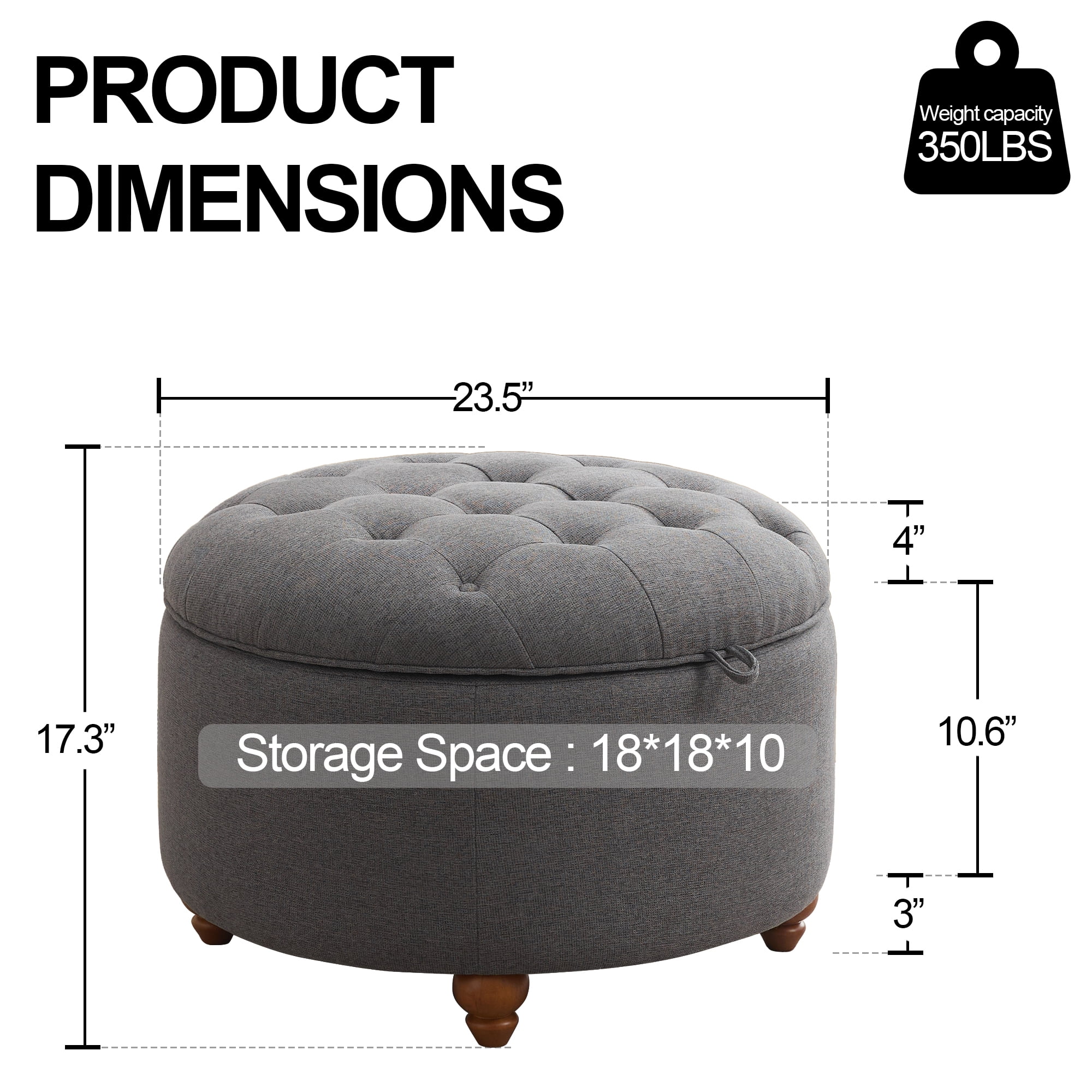 24'' Round Ottoman with Storage, Modern Tufted Fabric Storage Ottoman with Removable Top for Living Room, Bedroom, Drak Gray