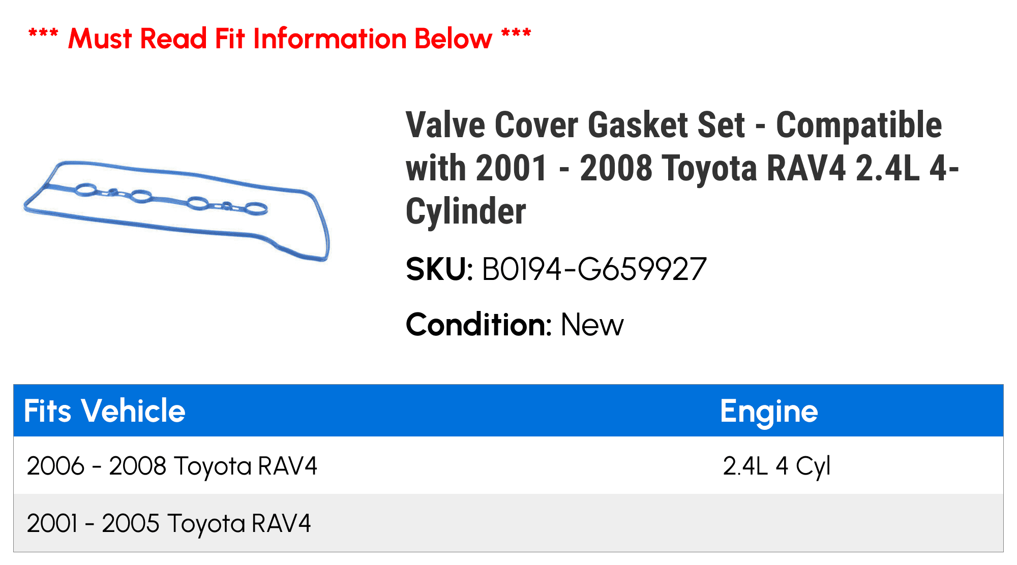 Valve Cover Gasket Set - Compatible with 2001 - 2008 Toyota RAV4 2.4L 4-Cylinder - Fel-Pro