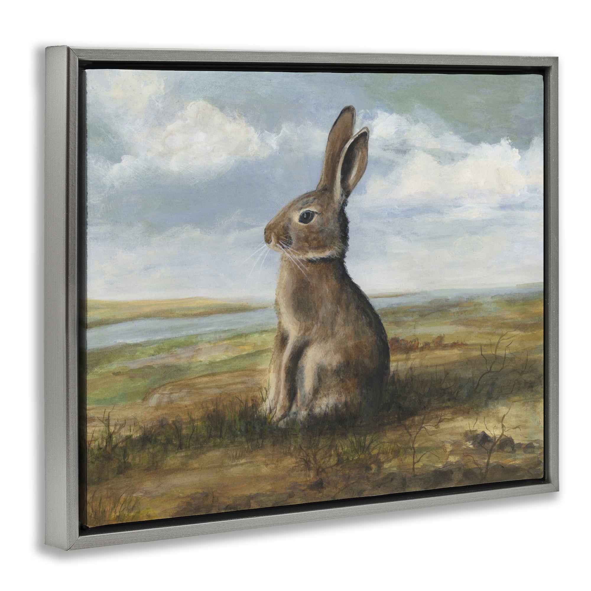 Stupell Industries Classic Rabbit in Countryside Gray Framed Floater Canvas Wall Art, design by Michael Willett
