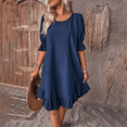 thumbnail image 4 of Vestido Corto Holgado con Mangas Abullonadas, Bajo con Volantes, Cuello Redondo y Fruncido, Color Azul Oscuro XXXL, 4 of 10
