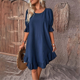thumbnail image 4 of Vestido Corto Holgado con Mangas Abullonadas, Bajo con Volantes, Cuello Redondo y Fruncido, Color Azul Oscuro XL, 4 of 10
