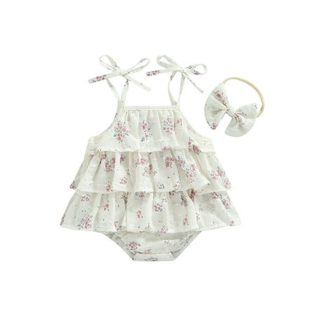 

Baby Girls Summer Romper Sleeveless Floral Multi-layer Pleated Jumpsuit with Cute Bow Headband