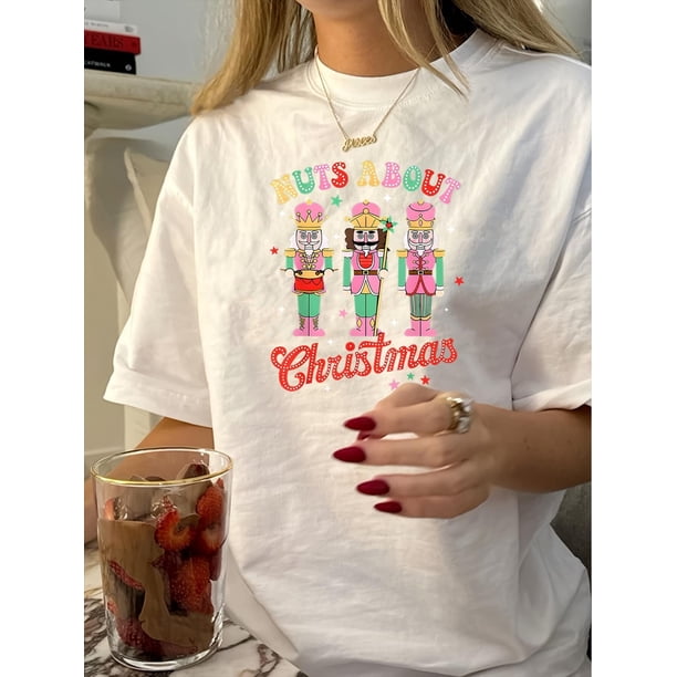Women'S Vintage-Inspired Crew Neck T-Shirt, Casual Short Sleeve, Regular Length, with Nutcracker Graphic, Geometric Pattern, Polyester Knit Fabric for Summer