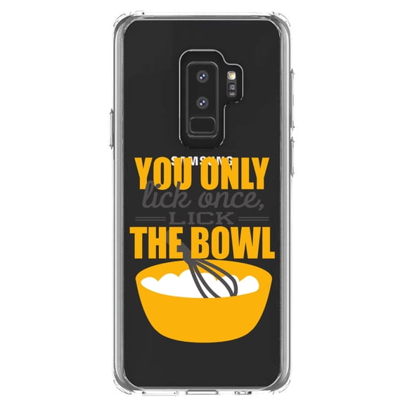 DistinctInk Clear Shockproof Hybrid Case for Samsung Galaxy S9  PLUS (6.2" Screen) - TPU Bumper Acrylic Back Tempered Glass Screen Protector - You Only Lick Once - Lick the Bowl - Baking