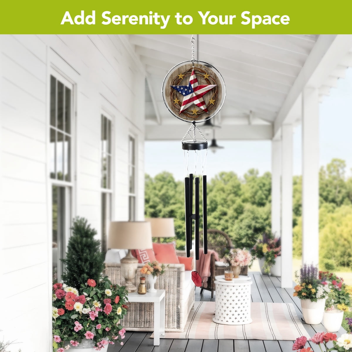 Briarwood Lane Everyday LED Illuminated Solar Powered Glass Suncatcher  Wind Chime 37x8 American Barnstar Wind Chime For Outdoors Melodic Metal Windchimes Wind-Chimes