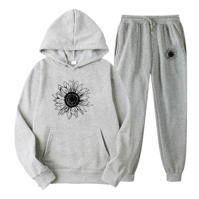 Gibobby Conjunto dama pants y sudadera afelpada Conjunto de pantalones y sudadera con capucha de felpa informal deportivo con estampado de girasol de color só(Gris,G)