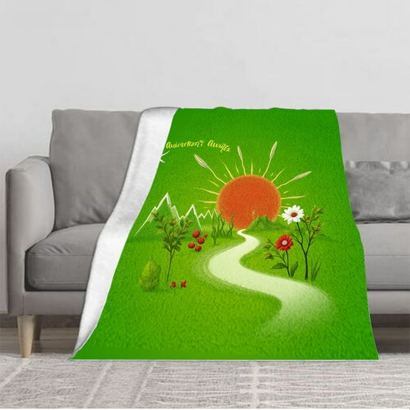 Vibrant Green Landscape Flannel Blanket - Cozy Soft Design with Winding Path Bright Sun and Nature-Inspired Patterns for Sofa & Travel