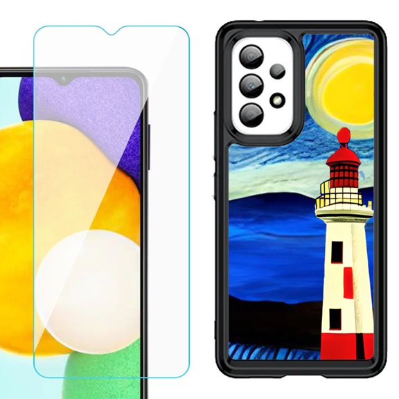 Shockproof Bumper (Black Frame) phone Case for Samsung Galaxy A23 5G, with Tempered Glass Screen Protector, by OneToughShield ® - Starry Night Lighthouse