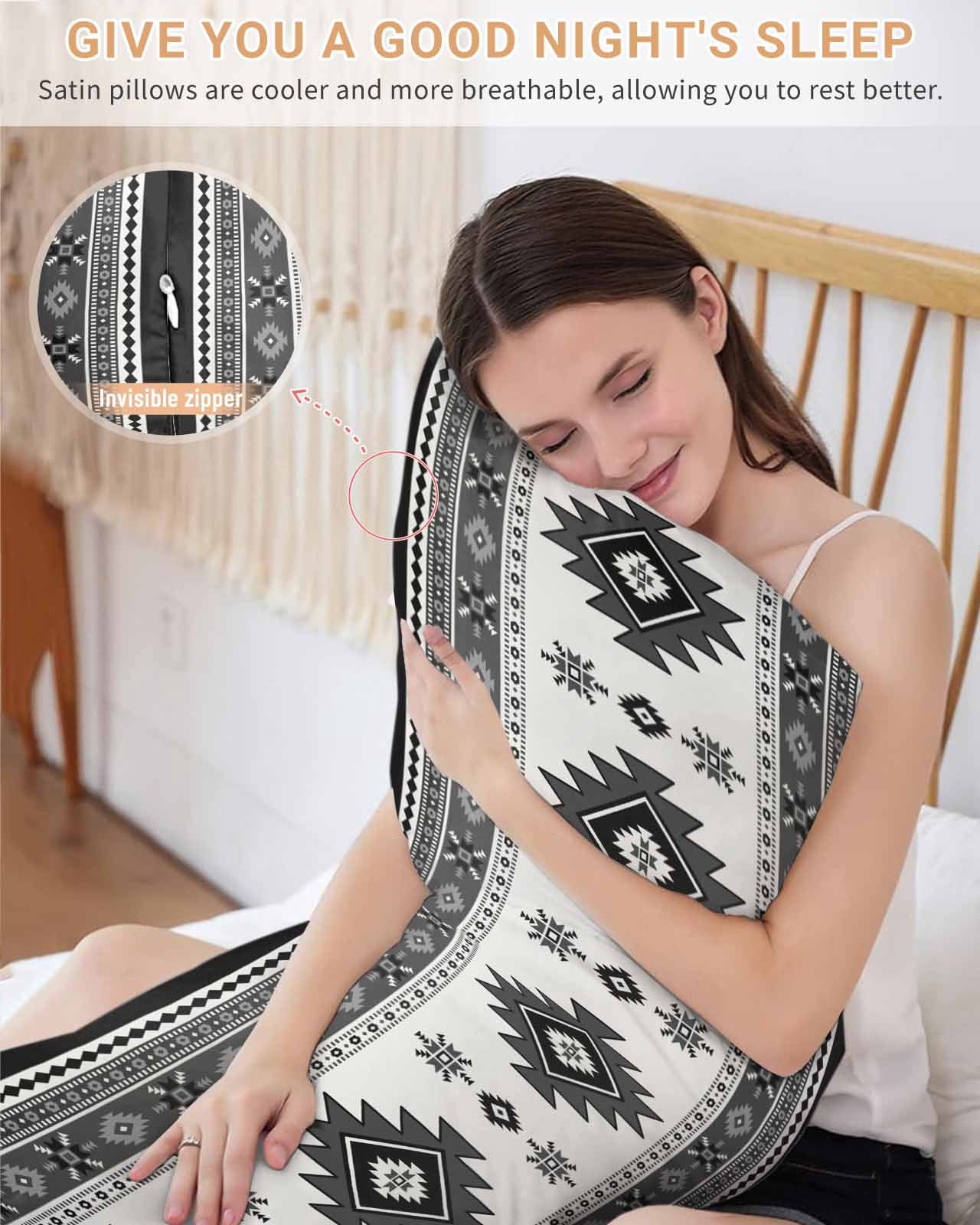 Gray Boho Pillow Cases Cal King Size, Smooth Satin Pillowcase for Hair and Skin, Southwest Aztec Country Geometric Aesthetic Decorative Cooling Bed Pillow Covers with Zipper, 20x40 Inches