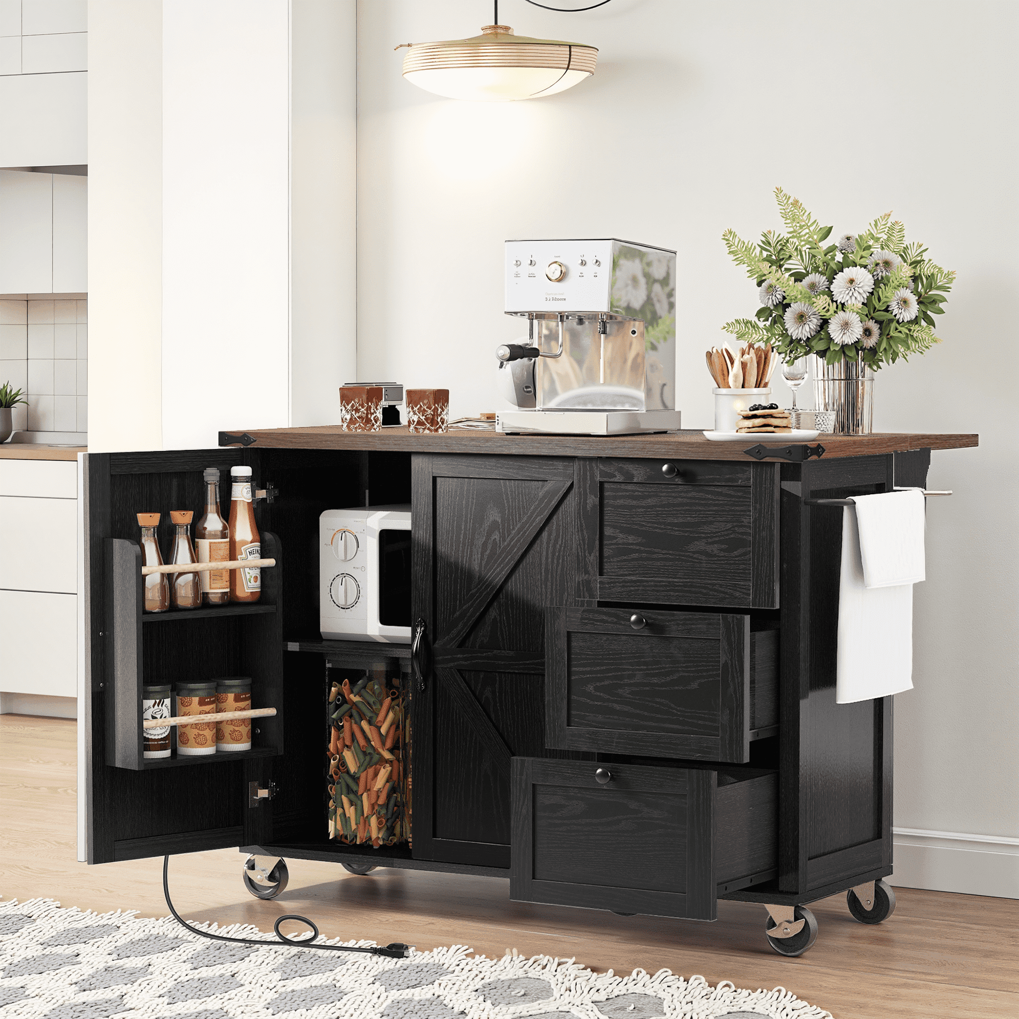 MAYEERTY 54.5" Farmhouse Rolling Kitchen Island with Power Outlet for Kitchen & Dining Room, Black