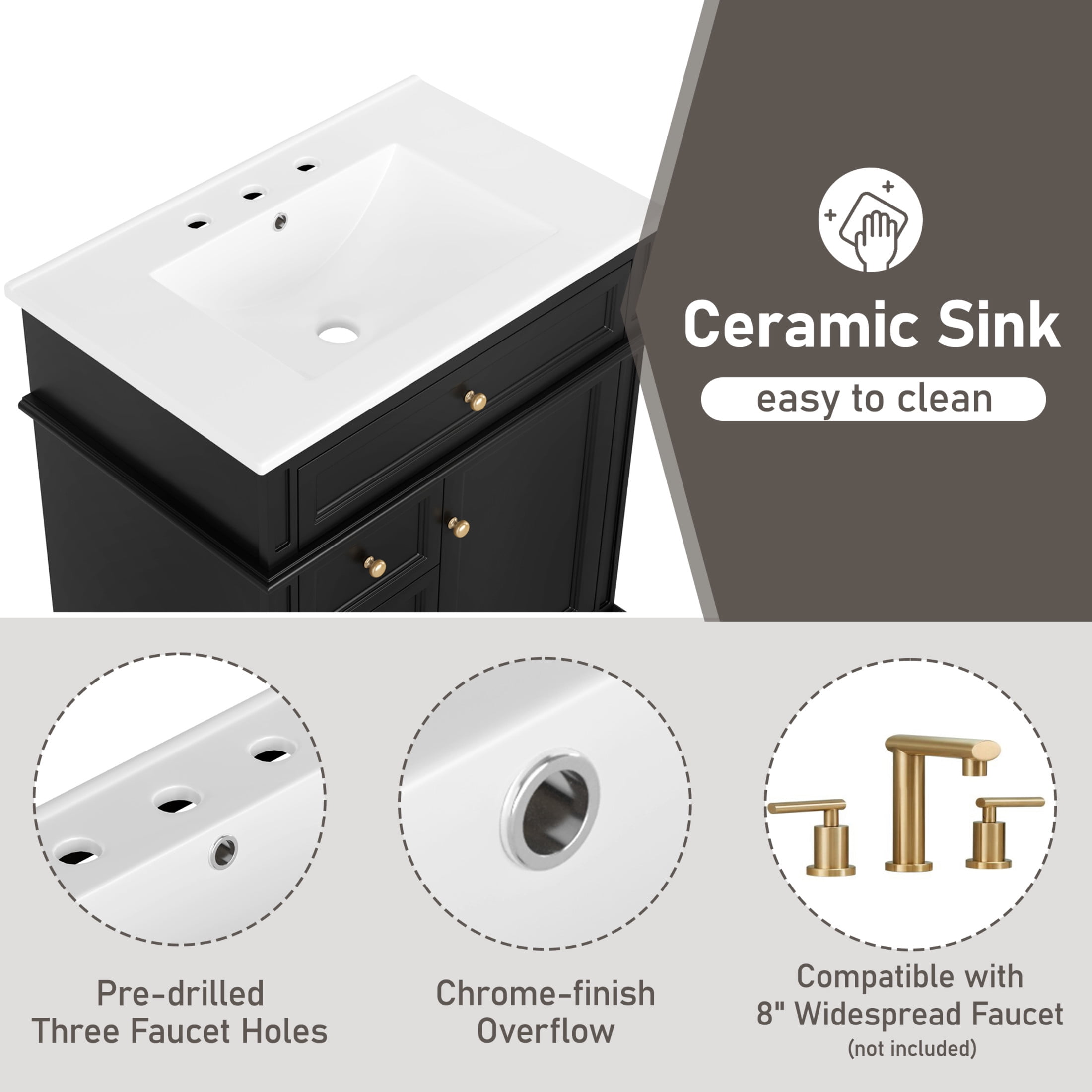 Christopher Knight Home 30" Bathroom Vanity with Sink, Soft-Close Door, Tip-out Drawer, Black