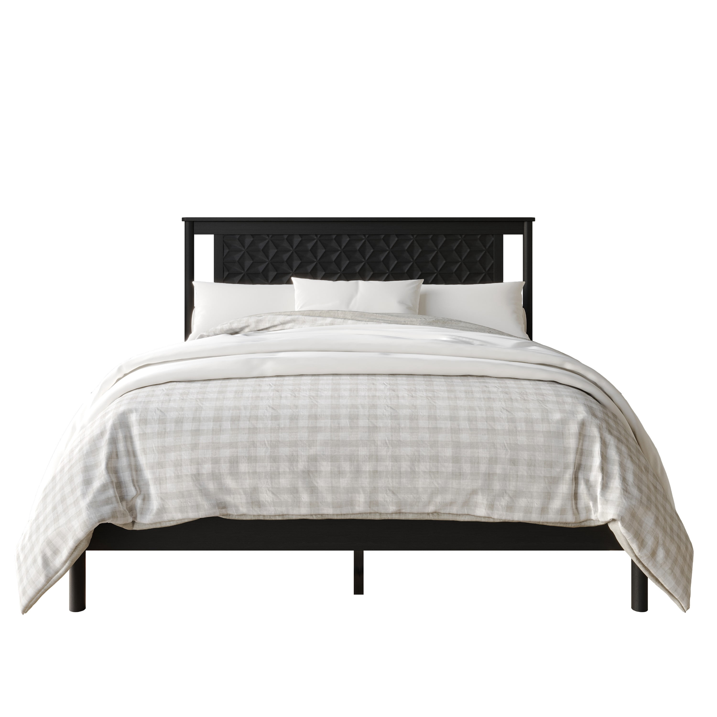 Home Design Tuskegee Queen Panel Bed Frame with Geometric Headboard and Solid Wood Frame, Black, Box Spring Required, Easy Assembly