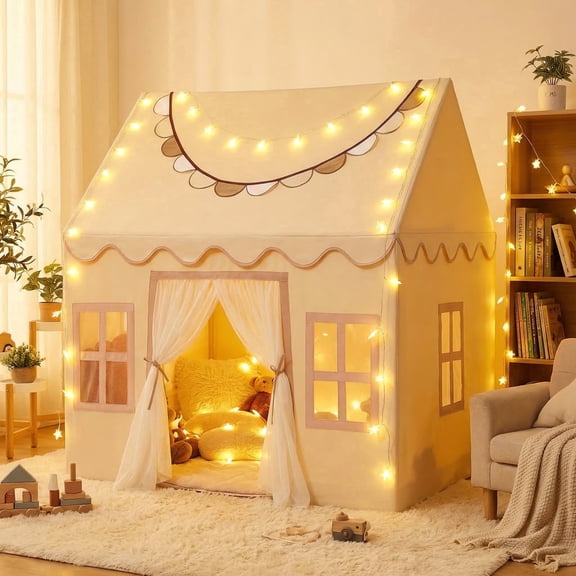 Wilwolfer Kids Play Tent for Toddlers with Padded Mat & Star Light Golden Indoor Playhouse
