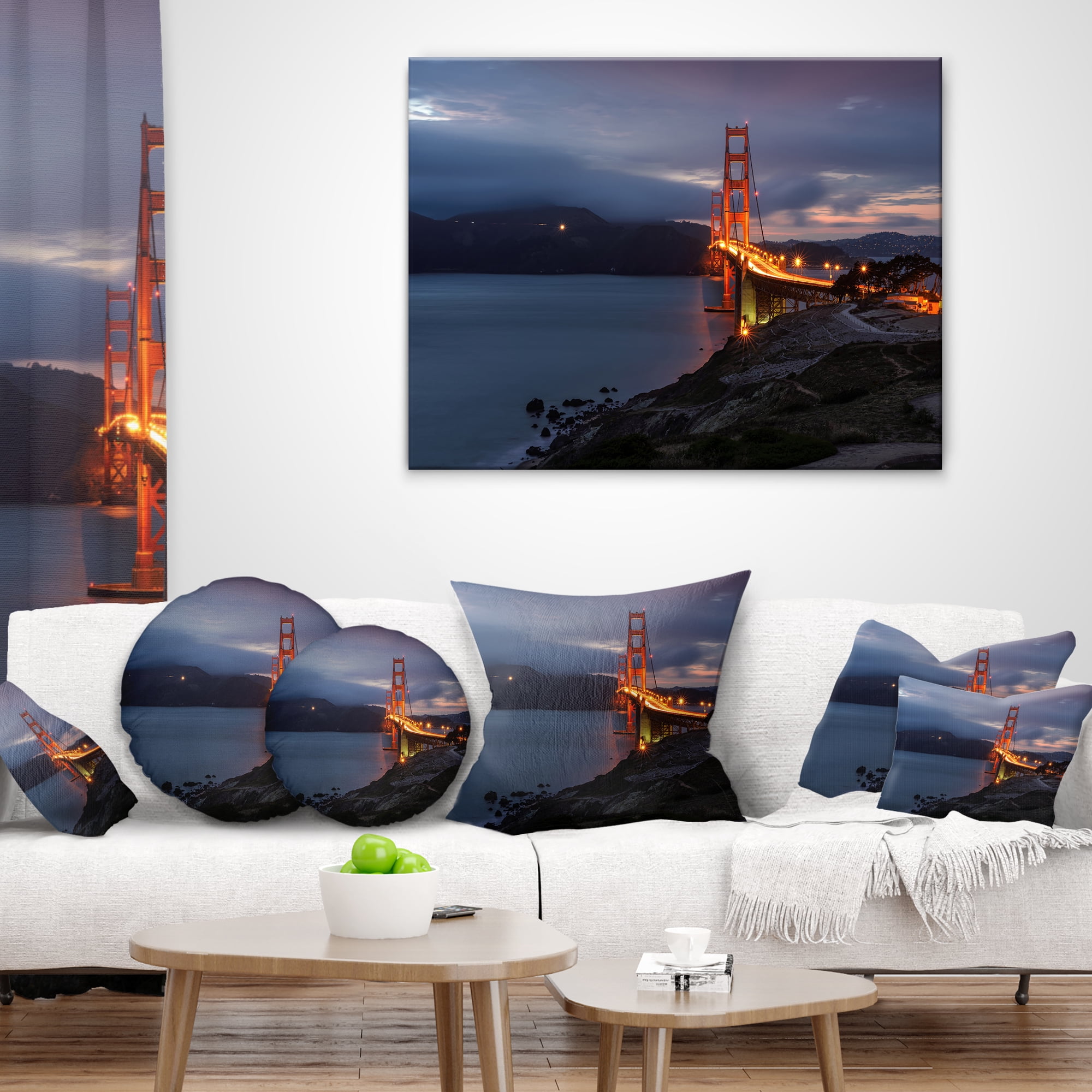 Designart Golden Gate with Night Illumination - Sea Bridge Throw Pillow - 12x20