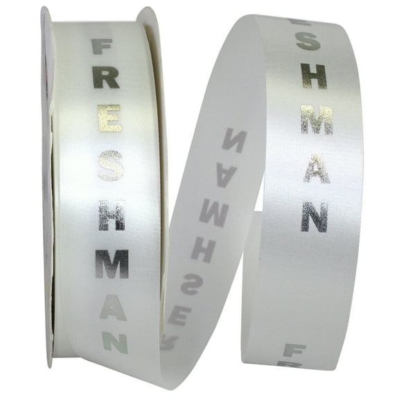 Reliant Ribbon - 5403-981-09C, Freshman Satin Ribbon, White/silver, 1-3/8 Inch, 100 Yards
