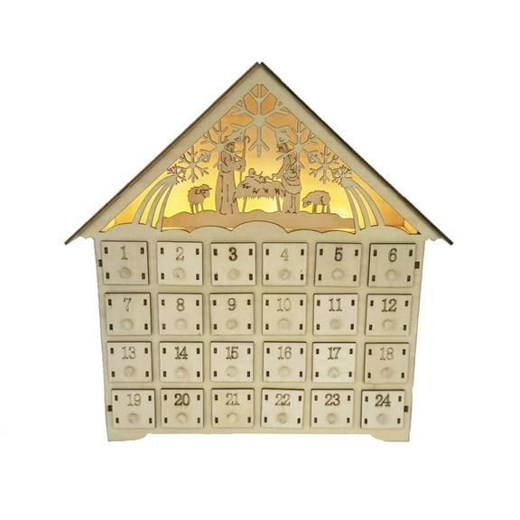LED Lighted Wood Advents Calendar Christmas Spirit 24 Day Countdowns Calendar with LED Lights and Storage Drawers