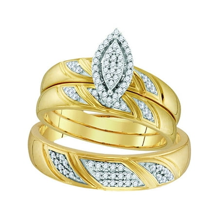 - 10k Yellow Gold Diamond Ring His & Hers Matching Trio Wedding Engagement Bridal Ring Set 1/4 Cttw