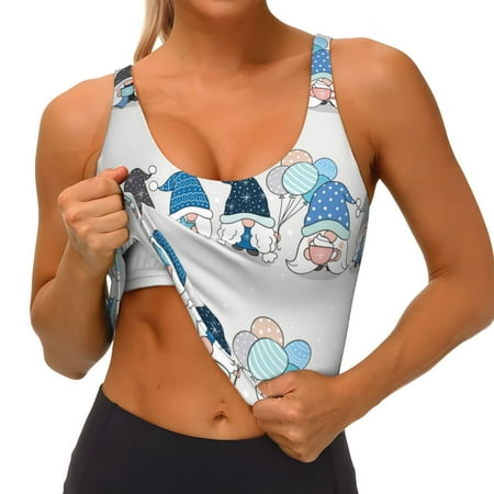 Qokaie Snow Gnome for Winter Pattern Womens Scoop Neck Sports Bra Breathable Workout Vest Padded U Back Medium Impact Fitness Gym Yoga Bra Workout Crop Top