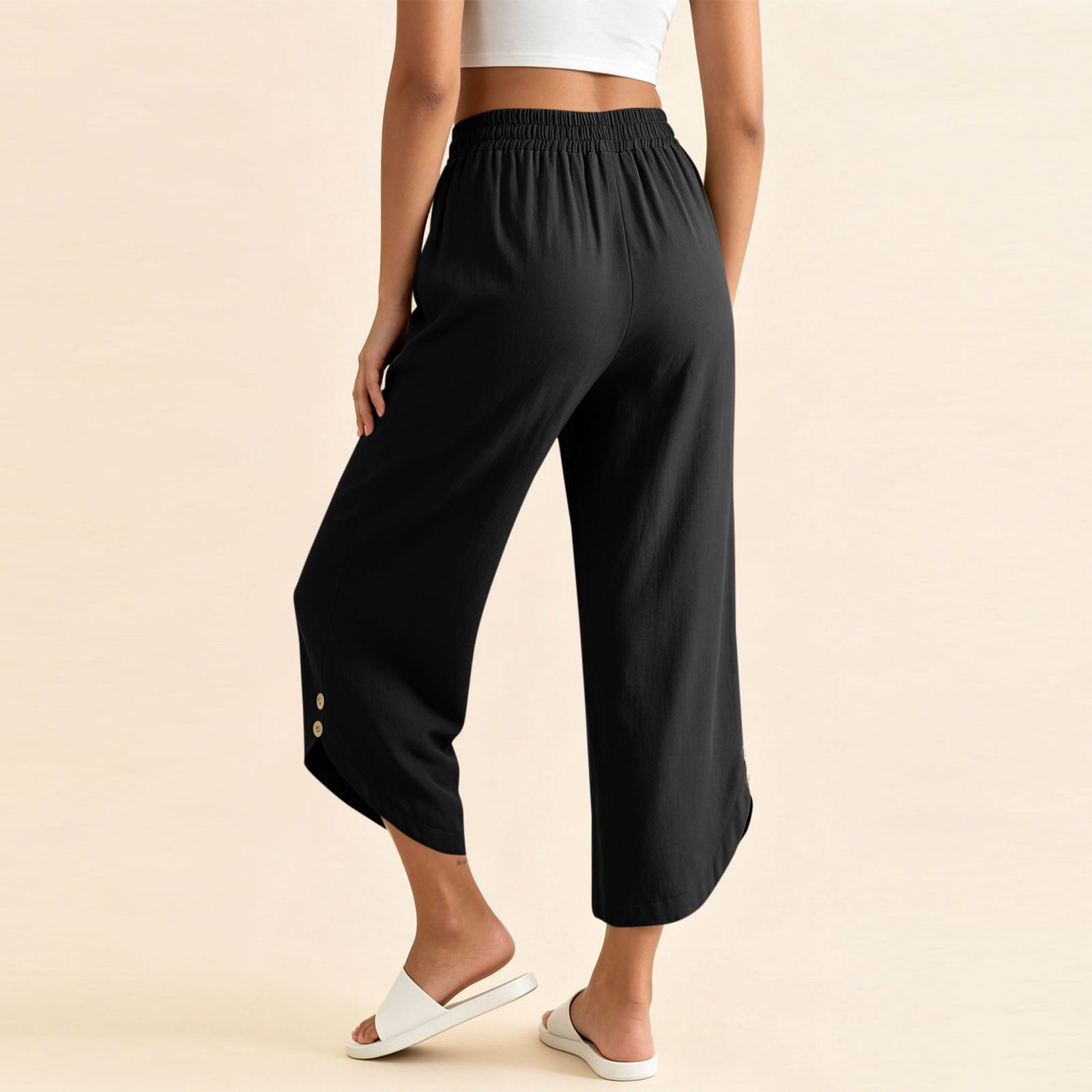 Womens Cotton Capri Pants Tulip Petal Hem High Waisted Wide Leg