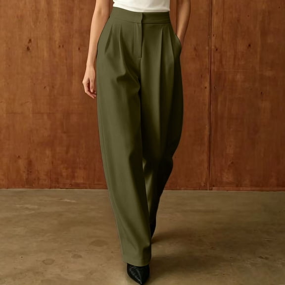 BRELIL Women's High Waisted Trousers with Pockets Solid Elegant Office Long Palazzo Pants Casual Loose Dress Pants for Work Fall Winter Outfits, Army Green 2XL