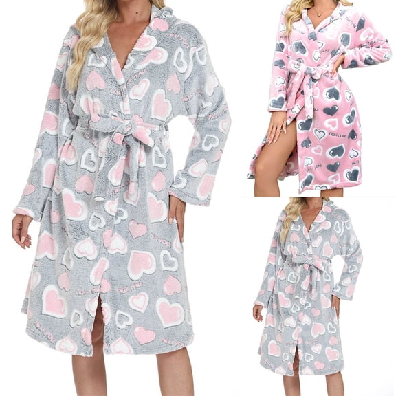 Women Fleece Bathrobe Soft Flannel Robe with Belt Floral Print Long Sleeve Warm Plush Loungewear Sleepwear