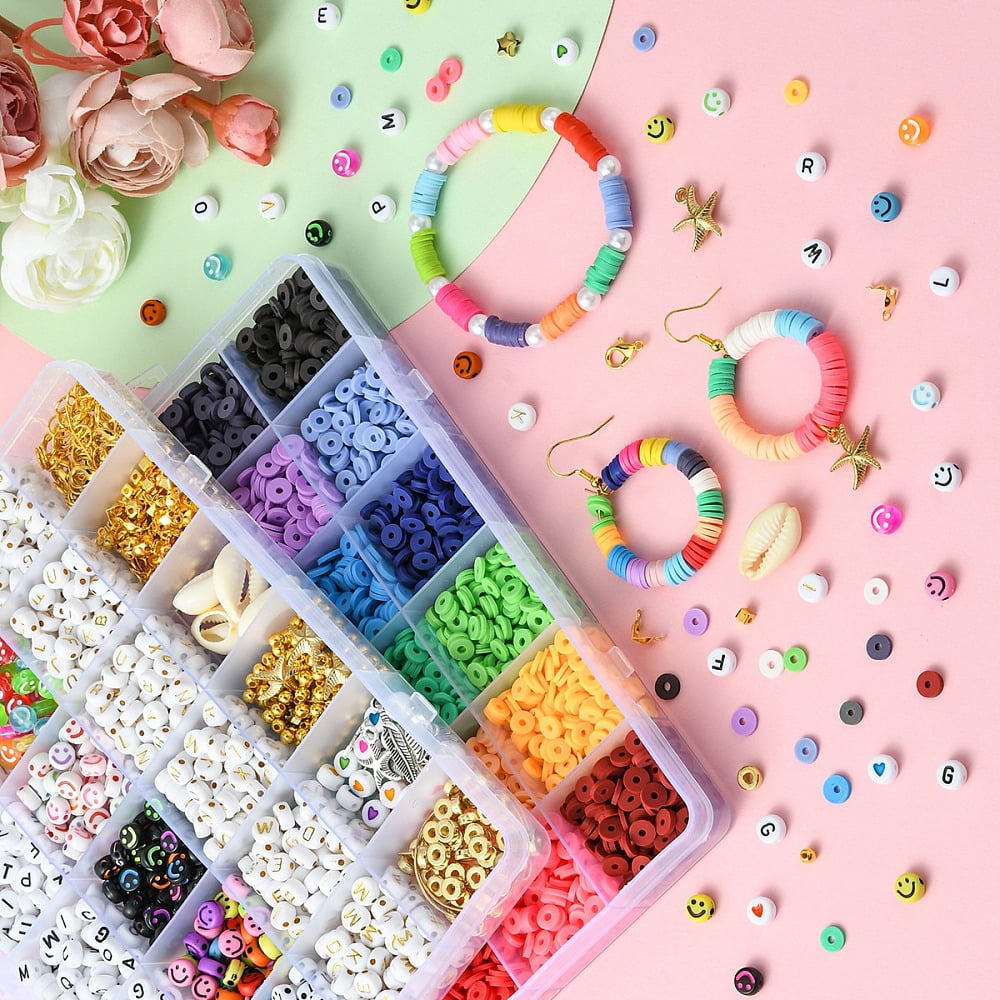 DIY Bracelet Making Kit Including Face Letter Acrylic Polymer Clay Disc Plastic Natural Shell Beads Brass Hoop Earring Findings Leaf Starfish Alloy