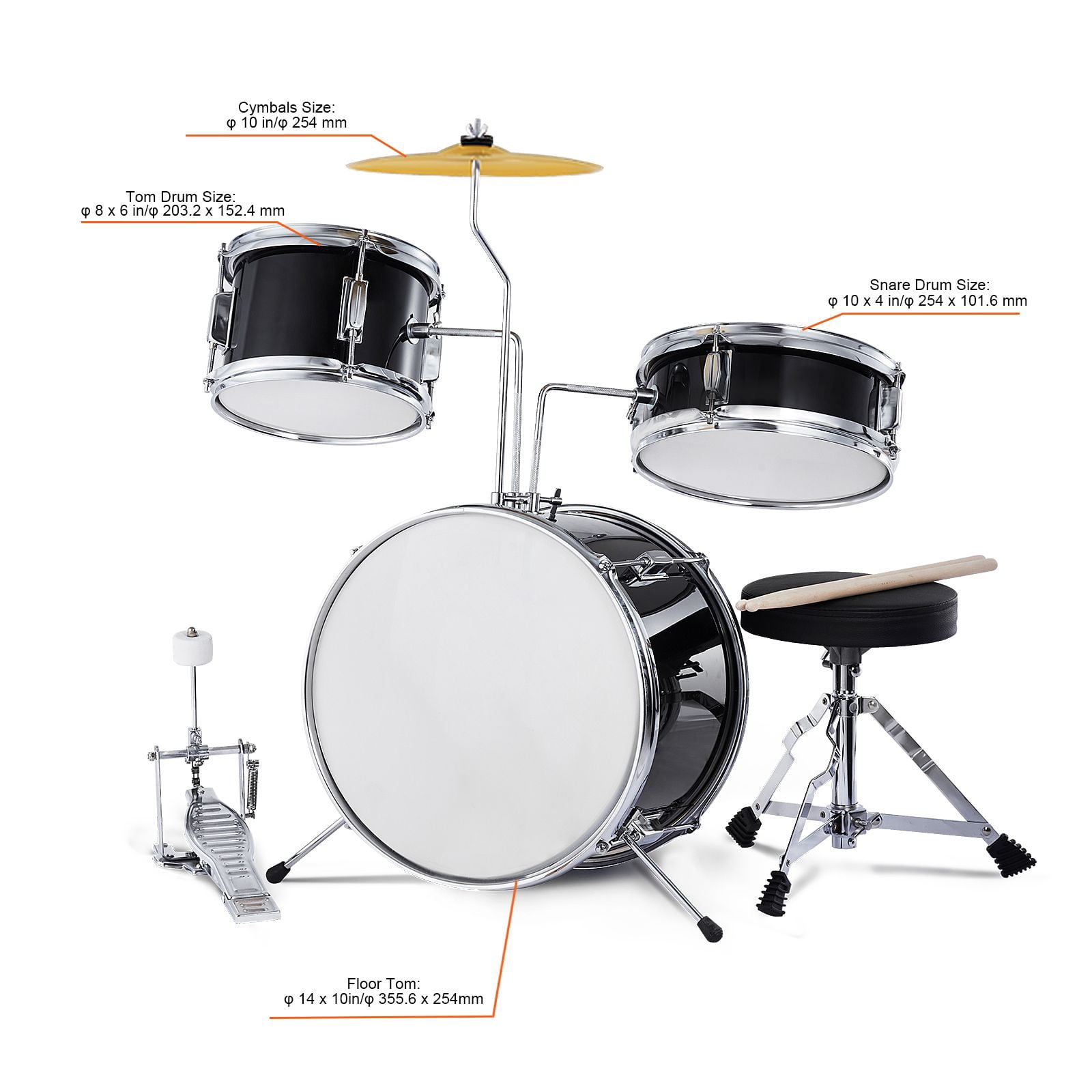 14" Drum Set, 3-Piece Beginner Kit with Adjustable Throne, Cymbal, Pedal&Drumsticks, Perfect Starter Drum Set for Children, Black