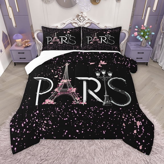 Homewish Pink Loves Pattern Bedding Comforter Set,Paris Eiffel Rower Twin Comforter Sets,Romantic Valentine'S Day Bedding Set For Girl,Microfiber Bedroom Decor,2pcs